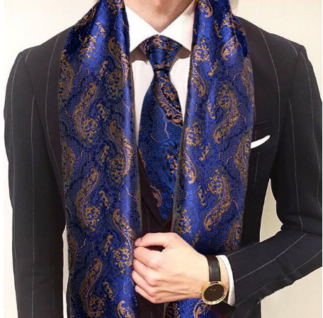 Manžetové gombíky s kravatou a šálom kráľovská modrá - 1