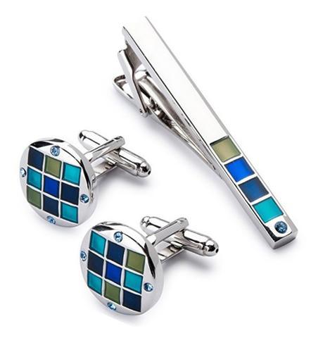 Manžetové gombíky so sponou na kravatu modrá mozaika - 2